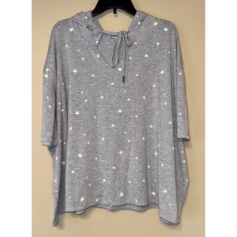 Sportelle‎ Gray Star Print Hooded Poncho Top 2X Short Sleeve Lounge Pullover